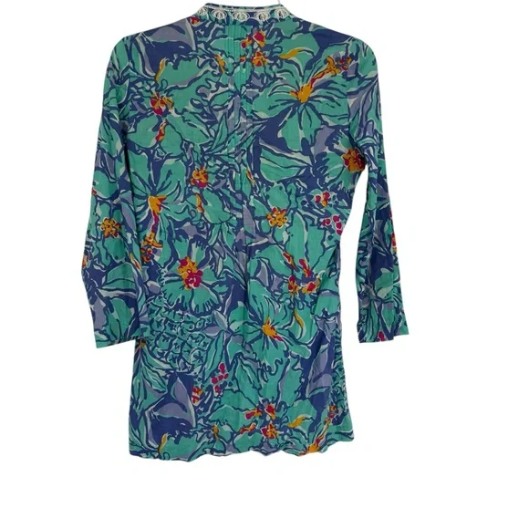 Lilly Pulitzer Beaded Blue Iris Mai Tai Tunic Top Women’s Size XS Pearls Cotton - Picture 3 of 10
